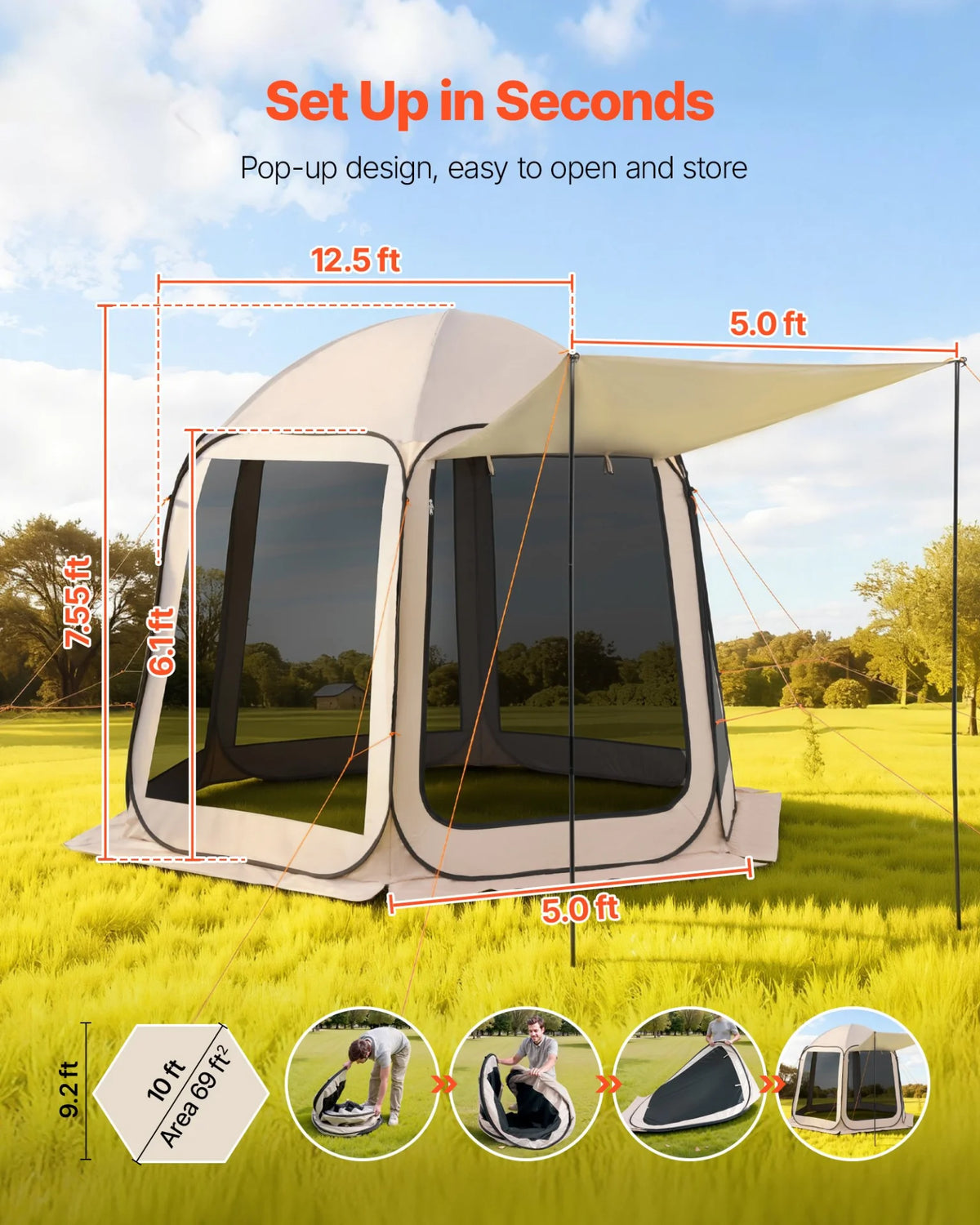 VEVOR Screen House Tent, 10 x 9.2 ft, 4-8 Person Pop Up Screen Tent with Extended Awning, Portable Screened in Canopy with Carry Bag, Netting Sides, for Patio, Backyard, and Outdoor Activities, Beige - View 2