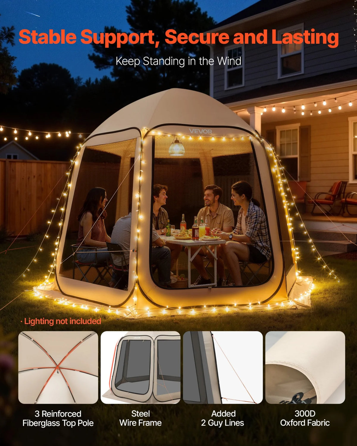 VEVOR Screen House Tent, 10 x 9.2 ft, 4-8 Person Pop Up Screen Tent, Portable Screened in Canopy with Carry Bag, Netting Sides, Ground Stakes, for Garden, Patio, Backyard, Outdoor Activities, Beige - View 4
