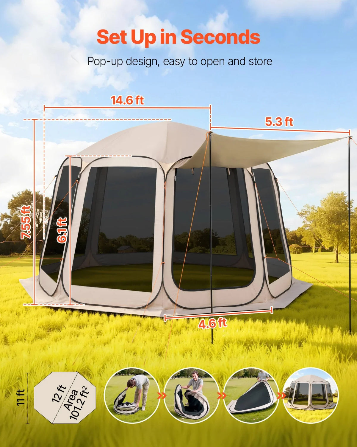 VEVOR Screen House Tent, 12 x 11 ft, 10-12 Person Pop Up Screen Tent with Extended Awning, Portable Screened in Canopy with Carry Bag, Netting Sides, for Patio, Backyard, and Outdoor Activities, Beige