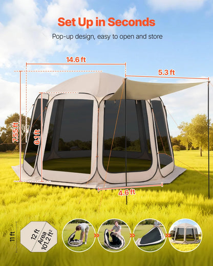VEVOR Screen House Tent, 12 x 11 ft, 10-12 Person Pop Up Screen Tent with Extended Awning, Portable Screened in Canopy with Carry Bag, Netting Sides, for Patio, Backyard, and Outdoor Activities, Beige