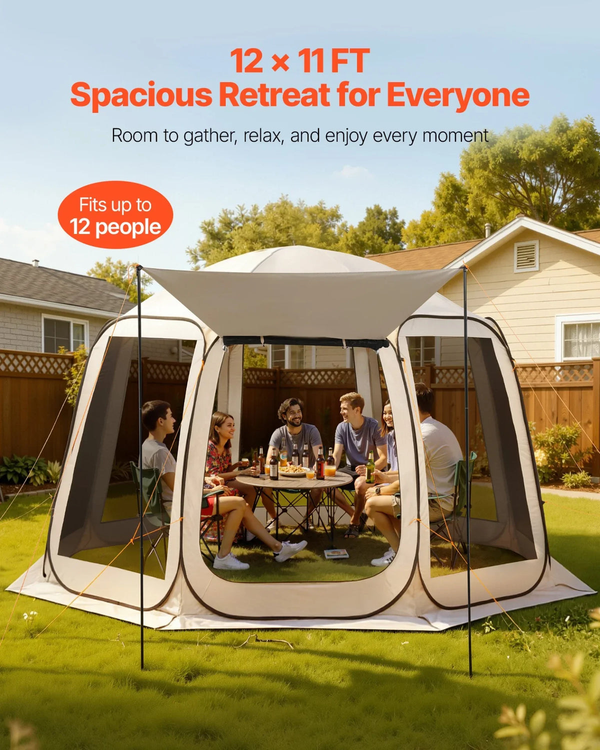 VEVOR Screen House Tent, 12 x 11 ft, 10-12 Person Pop Up Screen Tent with Extended Awning, Portable Screened in Canopy with Carry Bag, Netting Sides, for Patio, Backyard, and Outdoor Activities, Beige - View 2