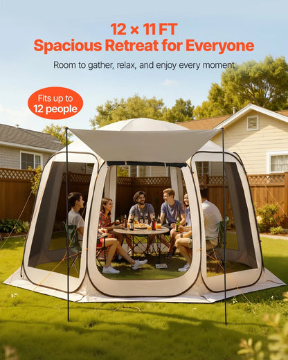 VEVOR Screen House Tent, 12 x 11 ft, 10-12 Person Pop Up Screen Tent with Extended Awning, Portable Screened in Canopy with Carry Bag, Netting Sides, for Patio, Backyard, and Outdoor Activities, Beige - View 2