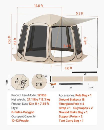 VEVOR Screen House Tent, 12 x 11 ft, 10-12 Person Pop Up Screen Tent with Extended Awning, Portable Screened in Canopy with Carry Bag, Netting Sides, for Patio, Backyard, and Outdoor Activities, Beige - View 6