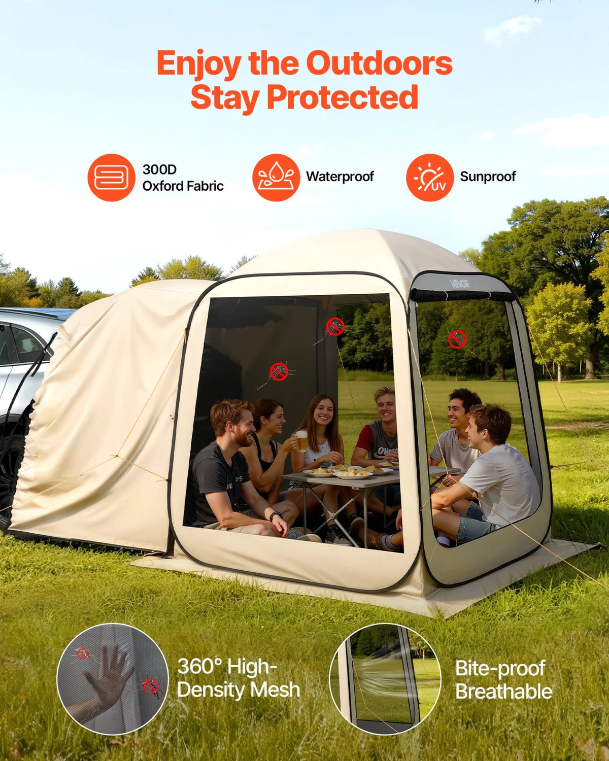 VEVOR Screen House Tent, 6 x 6 ft, 4-6 Person Pop Up SUV Tailgate Tent, Portable Screened in Canopy with Carry Bag, Netting Sides, for Car Camping, Garden, Patio, Backyard, Outdoor Activities, Beige - View 6