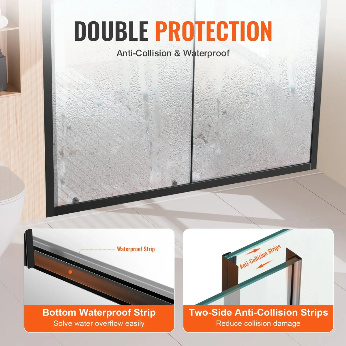 VEVOR Semi-frameless Shower Door, 57.7-59 W x 70 H in, Shower Sliding Glass Door with 1/4 in(6mm) Clear Tempered Glass, Waterproof Shatterproof Stainproof with Stainless Steel Hardware, Matte Black - View 5