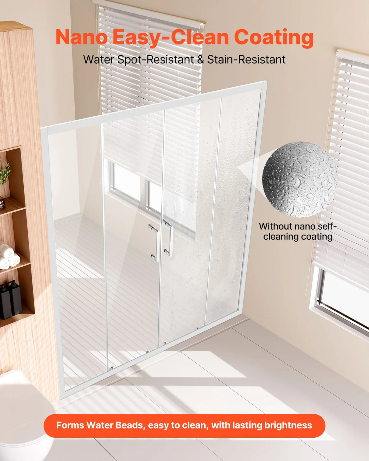 VEVOR Semi-frameless Shower Door, 57.8-59 W x 70 H in, Double Sliding Glass Door with 1/4 in(6mm) Clear Tempered Glass, Waterproof Shatterproof NANO Stainproof with Stainless Steel Hardware, Chrome - View 2