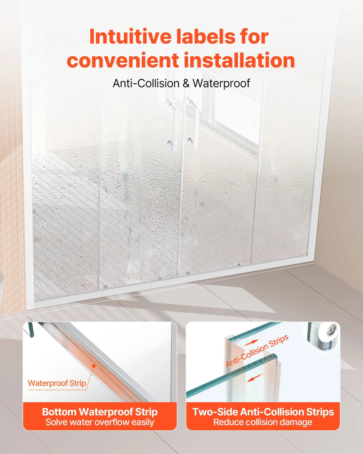 VEVOR Semi-frameless Shower Door, 57.8-59 W x 70 H in, Double Sliding Glass Door with 1/4 in(6mm) Clear Tempered Glass, Waterproof Shatterproof NANO Stainproof with Stainless Steel Hardware, Chrome - View 5