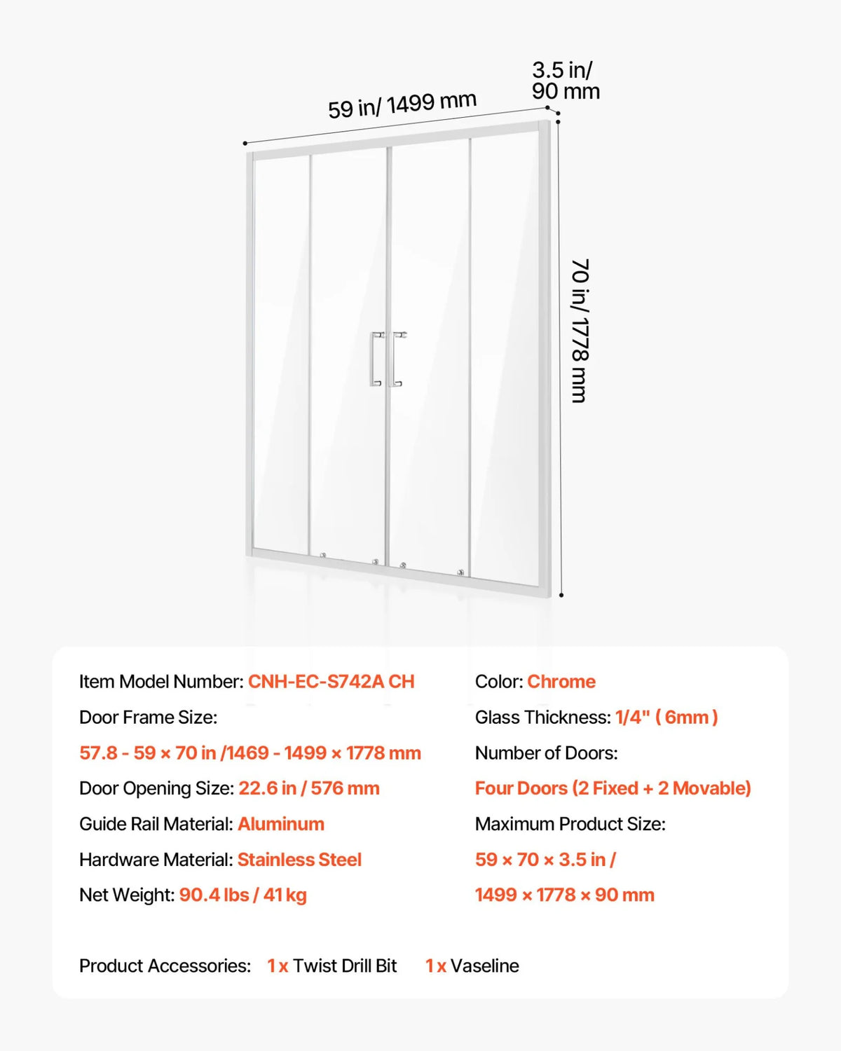 VEVOR Semi-frameless Shower Door, 57.8-59 W x 70 H in, Double Sliding Glass Door with 1/4 in(6mm) Clear Tempered Glass, Waterproof Shatterproof NANO Stainproof with Stainless Steel Hardware, Chrome - View 6