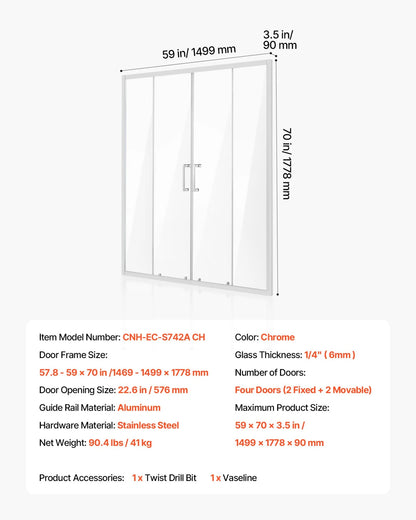 VEVOR Semi-frameless Shower Door, 57.8-59 W x 70 H in, Double Sliding Glass Door with 1/4 in(6mm) Clear Tempered Glass, Waterproof Shatterproof NANO Stainproof with Stainless Steel Hardware, Chrome - View 6
