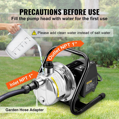 VEVOR Shallow Well Pump, 1.5 HP 115V, 1200 GPH 164 ft Height, 87 psi Max Pressure, Portable Stainless Steel Sprinkler Booster Jet Pumps for Garden Lawn Irrigation system, Lake Fountain, Water Transfer - View 6