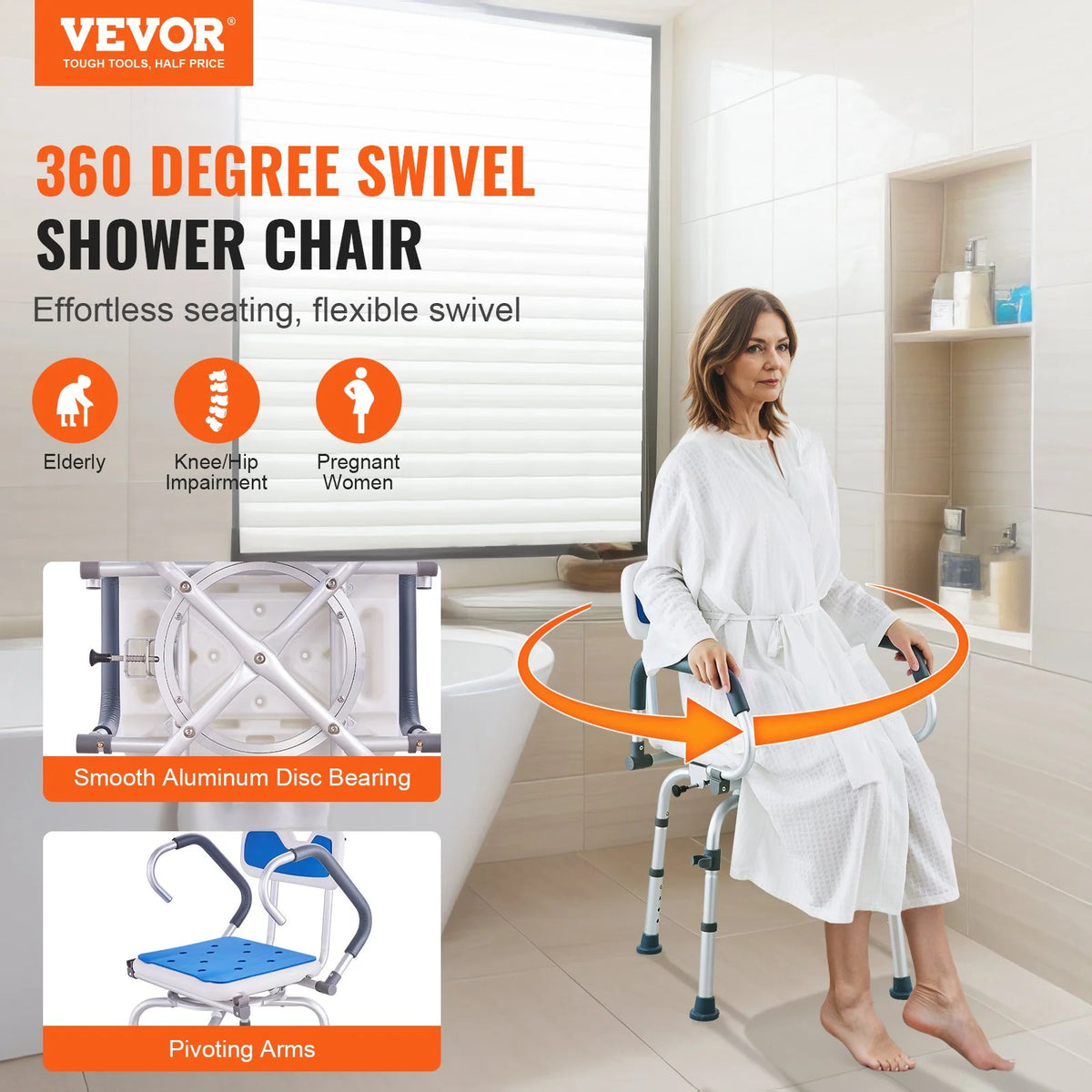 VEVOR Shower Chair 360° Swivel Bathtub Shower Seat with Pivoting Arms 400LBS - View 2