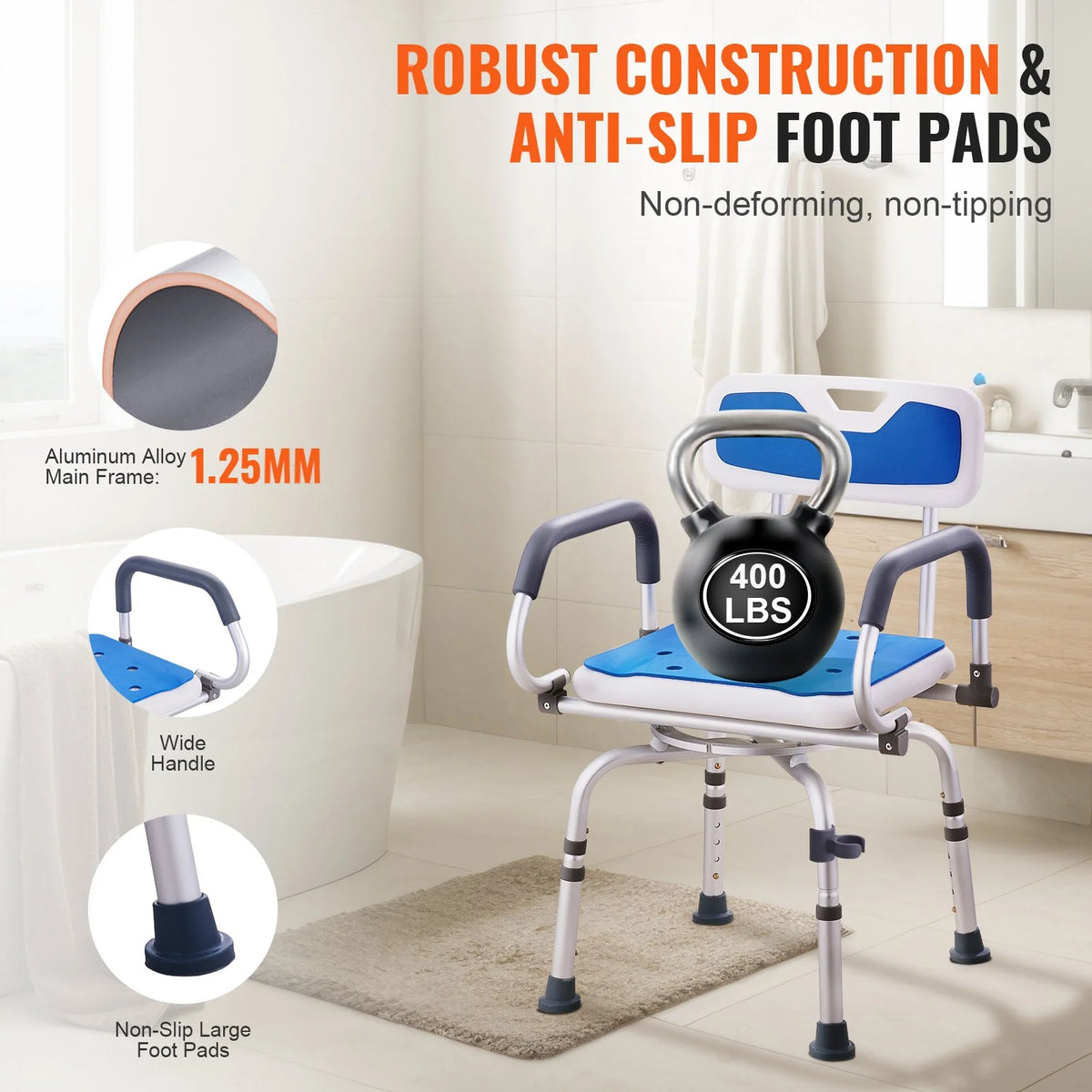 VEVOR Shower Chair 360° Swivel Bathtub Shower Seat with Pivoting Arms 400LBS - View 4