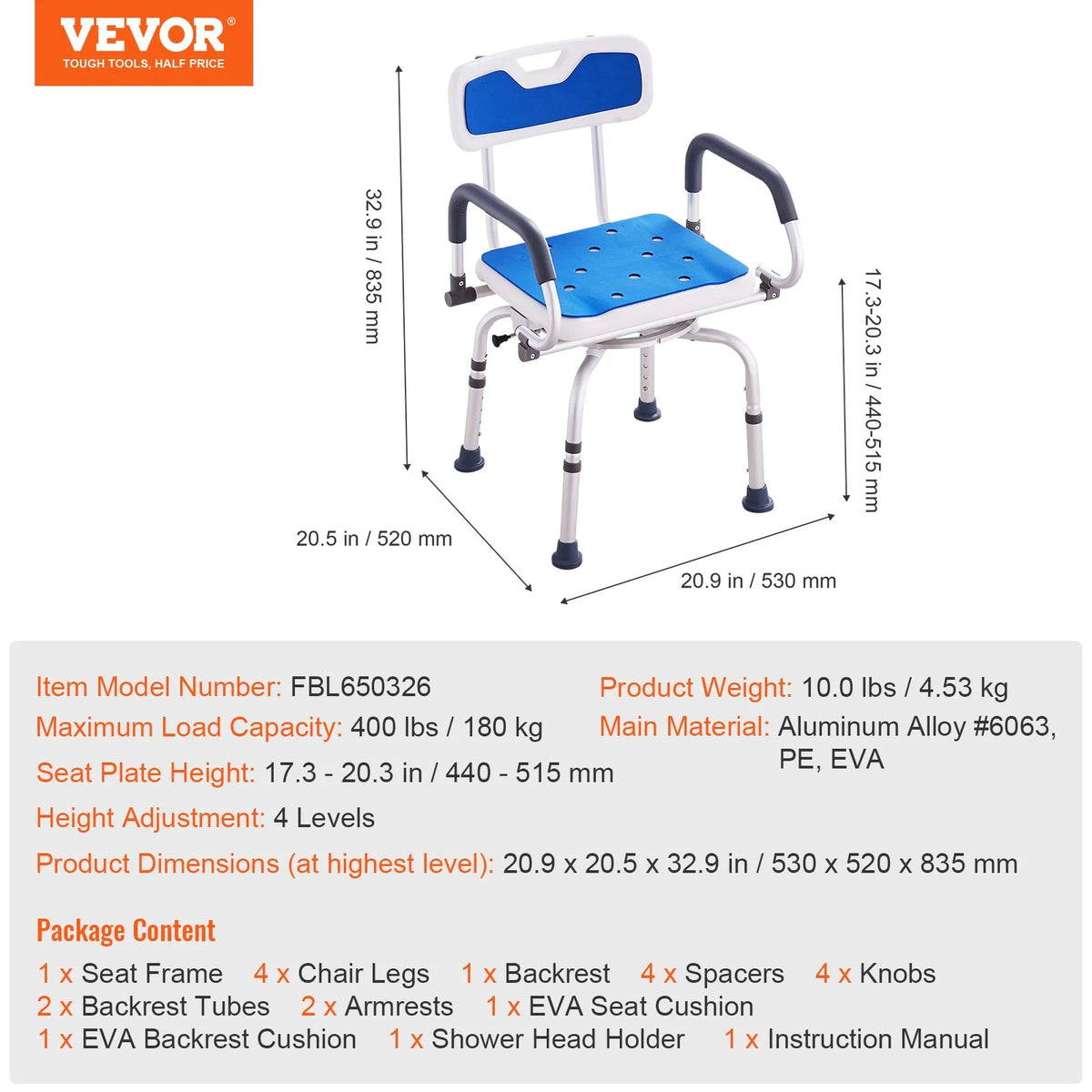 VEVOR Shower Chair 360° Swivel Bathtub Shower Seat with Pivoting Arms 400LBS - View 7