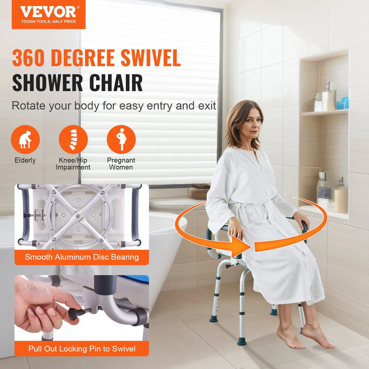 VEVOR Shower Chair 360° Swivel Tub Shower Seat with Armrests & Backrest 400lbs - View 2