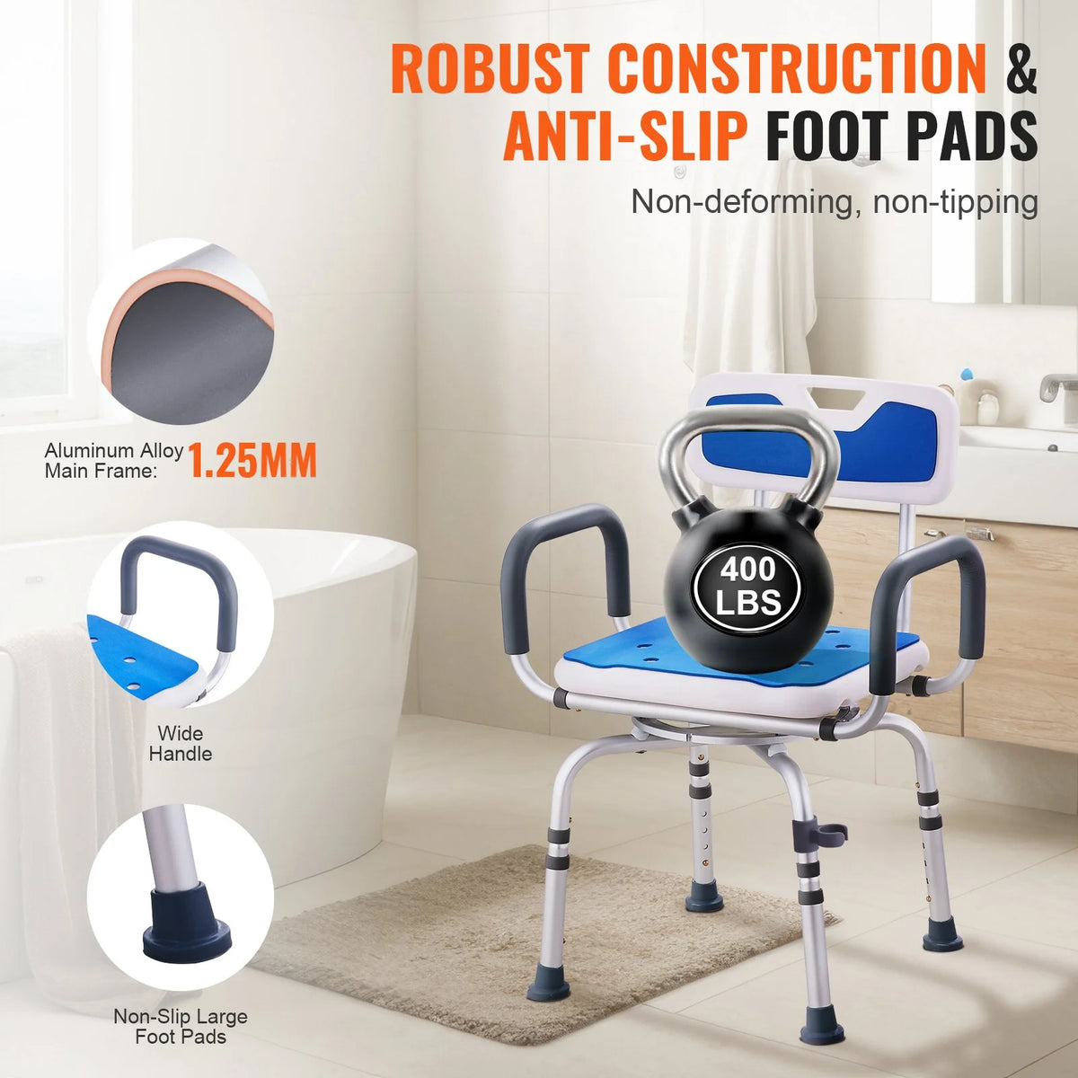 VEVOR Shower Chair 360° Swivel Tub Shower Seat with Armrests & Backrest 400lbs - View 4