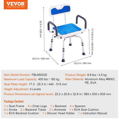 VEVOR Shower Chair 360° Swivel Tub Shower Seat with Armrests & Backrest 400lbs - View 7