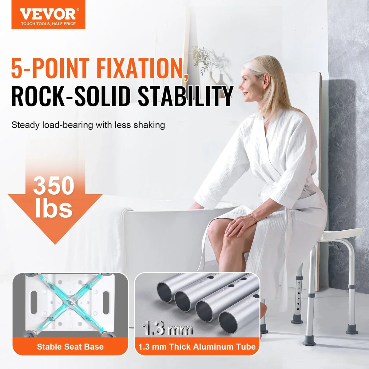 VEVOR Shower Chair, Adjustable Height Shower Stool with Built-in Handles, Shower Seat for Inside Shower or Tub, Non-Slip Bench Bathtub Stool Seat for Elderly Disabled Handicap, 158.8 kg Capacity - View 2