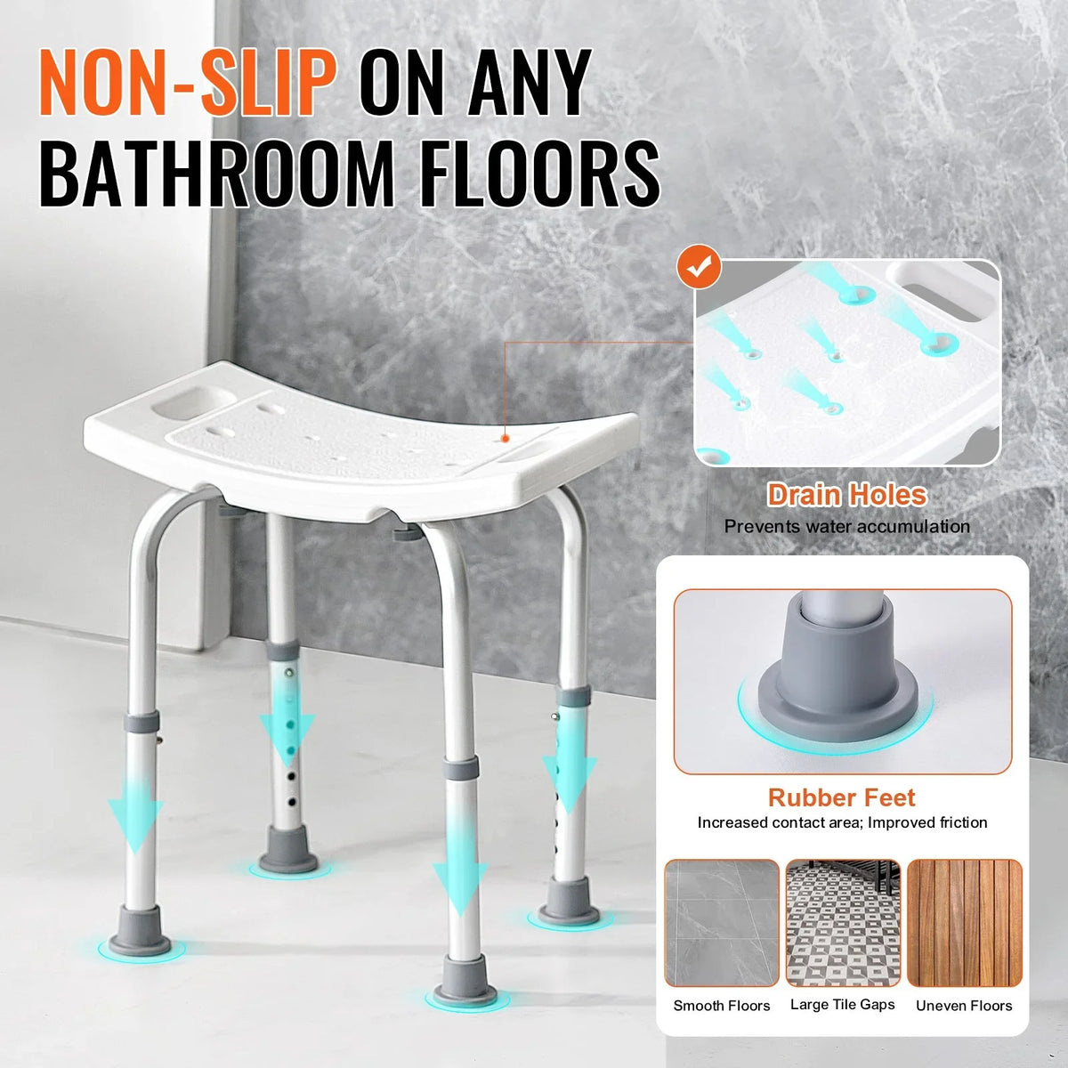 VEVOR Shower Chair, Adjustable Height Shower Stool with Built-in Handles, Shower Seat for Inside Shower or Tub, Non-Slip Bench Bathtub Stool Seat for Elderly Disabled Handicap, 158.8 kg Capacity - View 3