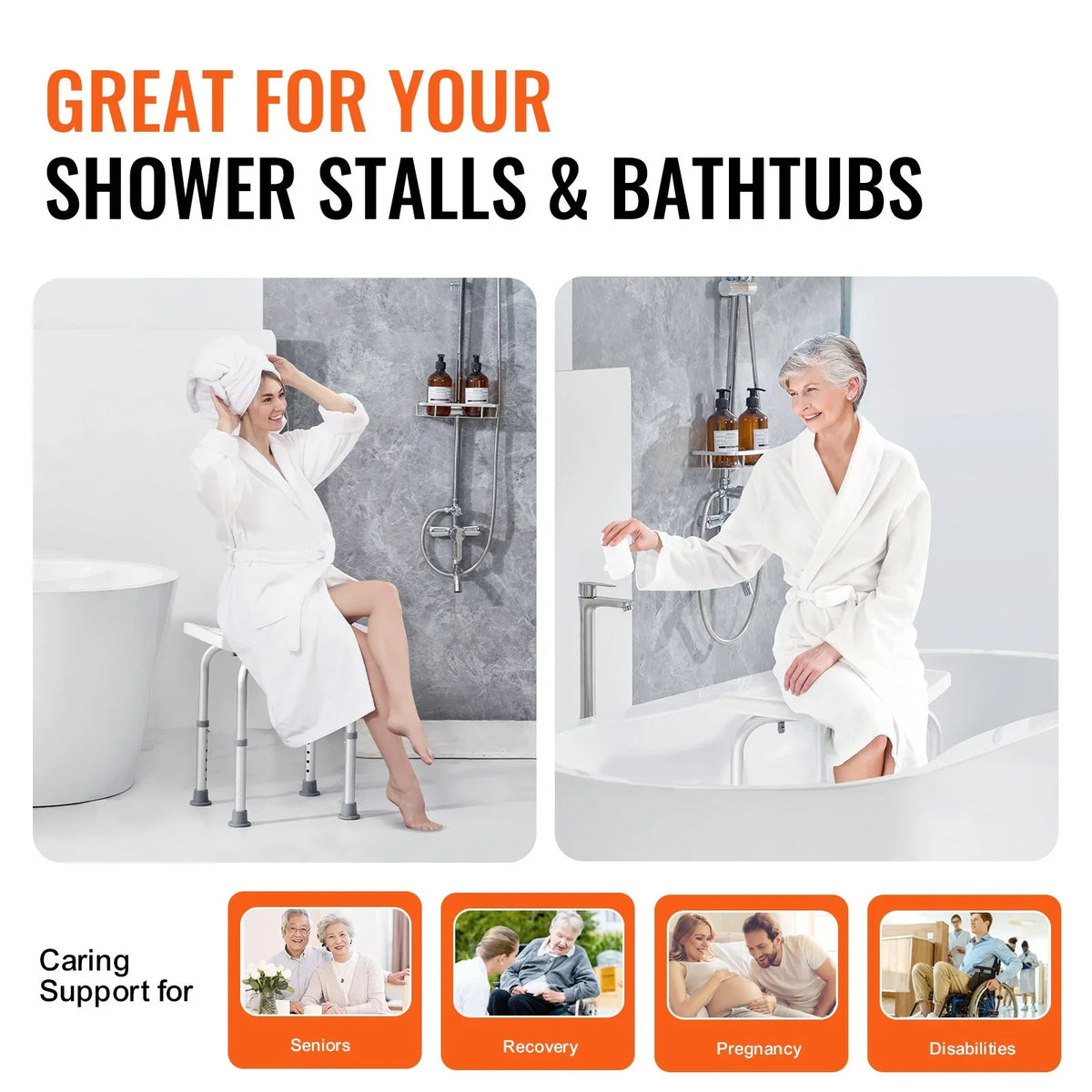 VEVOR Shower Chair, Adjustable Height Shower Stool with Built-in Handles, Shower Seat for Inside Shower or Tub, Non-Slip Bench Bathtub Stool Seat for Elderly Disabled Handicap, 158.8 kg Capacity - View 5