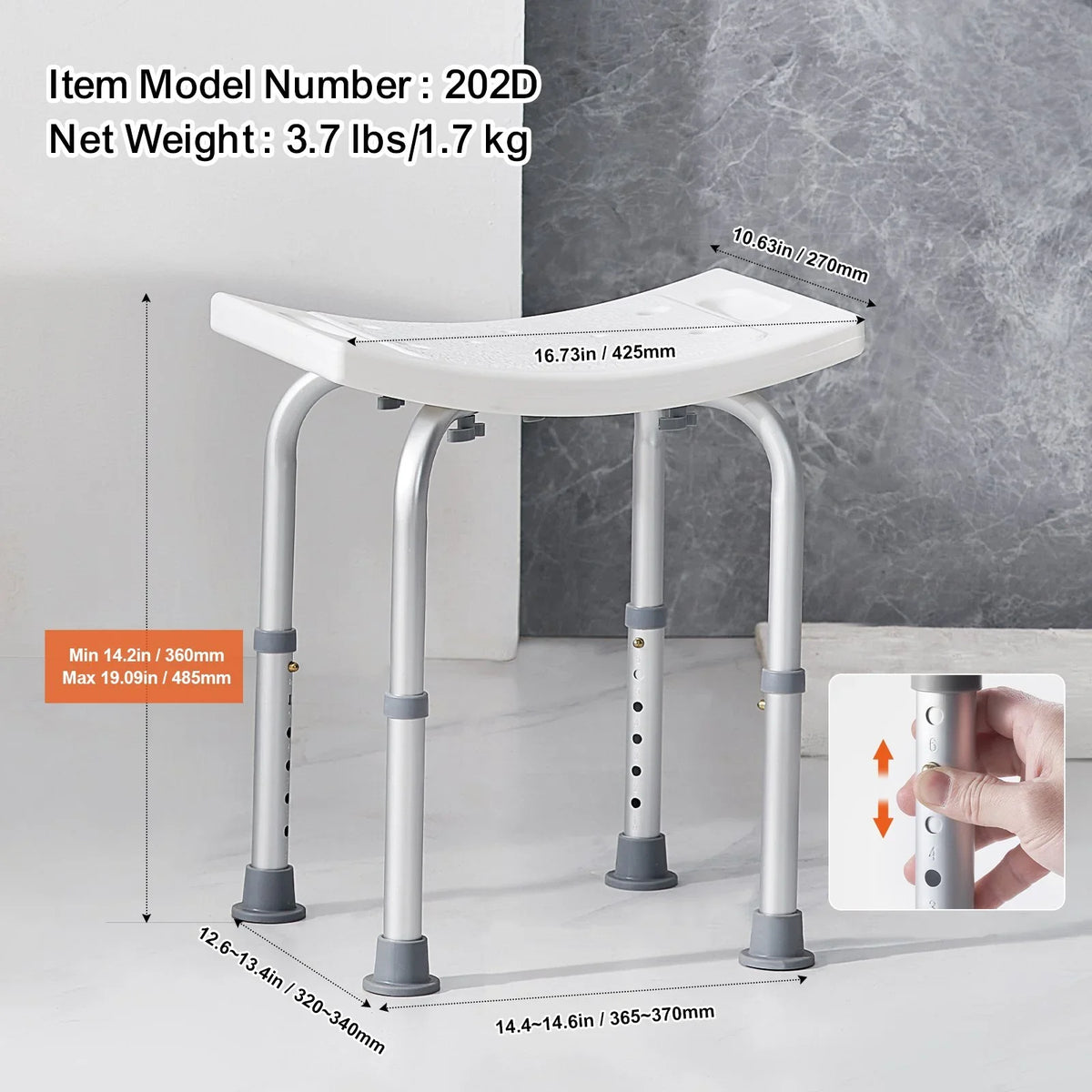 VEVOR Shower Chair, Adjustable Height Shower Stool with Built-in Handles, Shower Seat for Inside Shower or Tub, Non-Slip Bench Bathtub Stool Seat for Elderly Disabled Handicap, 158.8 kg Capacity - View 6
