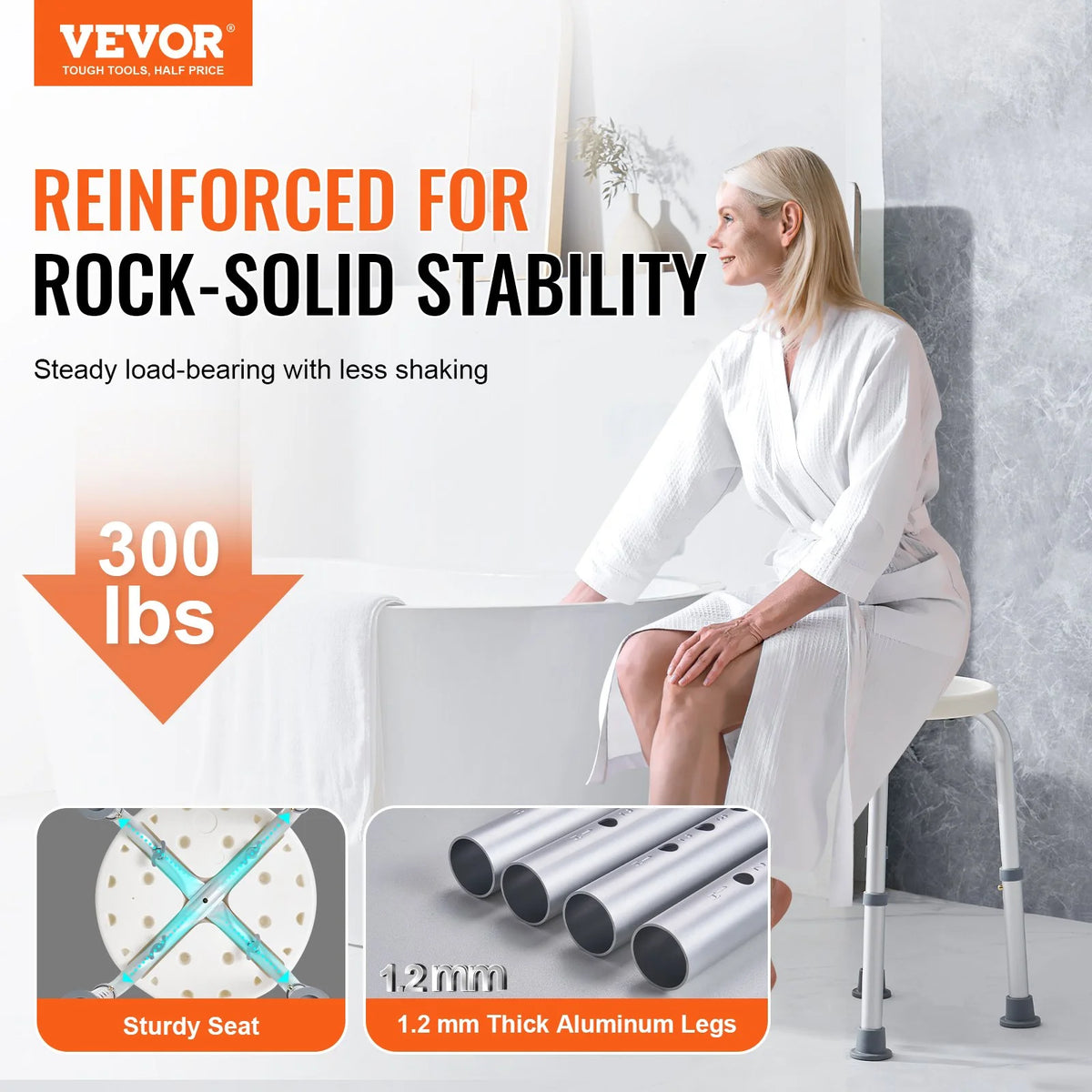 VEVOR Shower Chair for Inside Shower, Adjustable Height Shower Stool, Non-Slip Bench Bathtub Seat Stool for Elderly Disabled Adults Handicap, 300 lbs Capacity