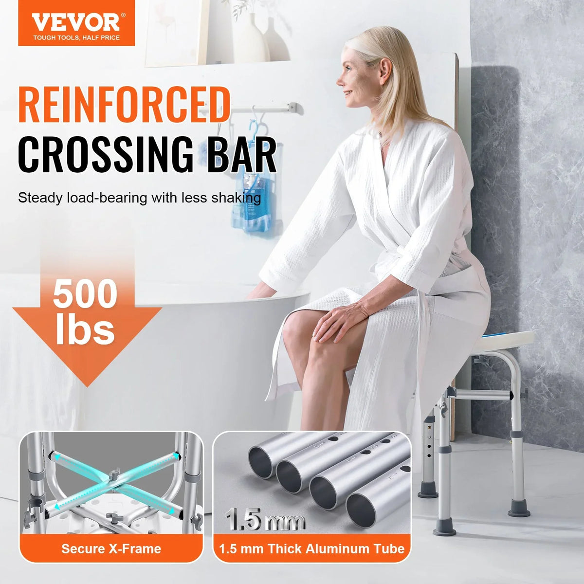 VEVOR Shower Chair for Inside Shower, Adjustable Height Shower Stool with Crossbar Support, Shower Seat for Shower Tub, Non-Slip Bench Bathtub Stool Seat for Elderly Disabled Adults Handicap, 500 lbs - View 2