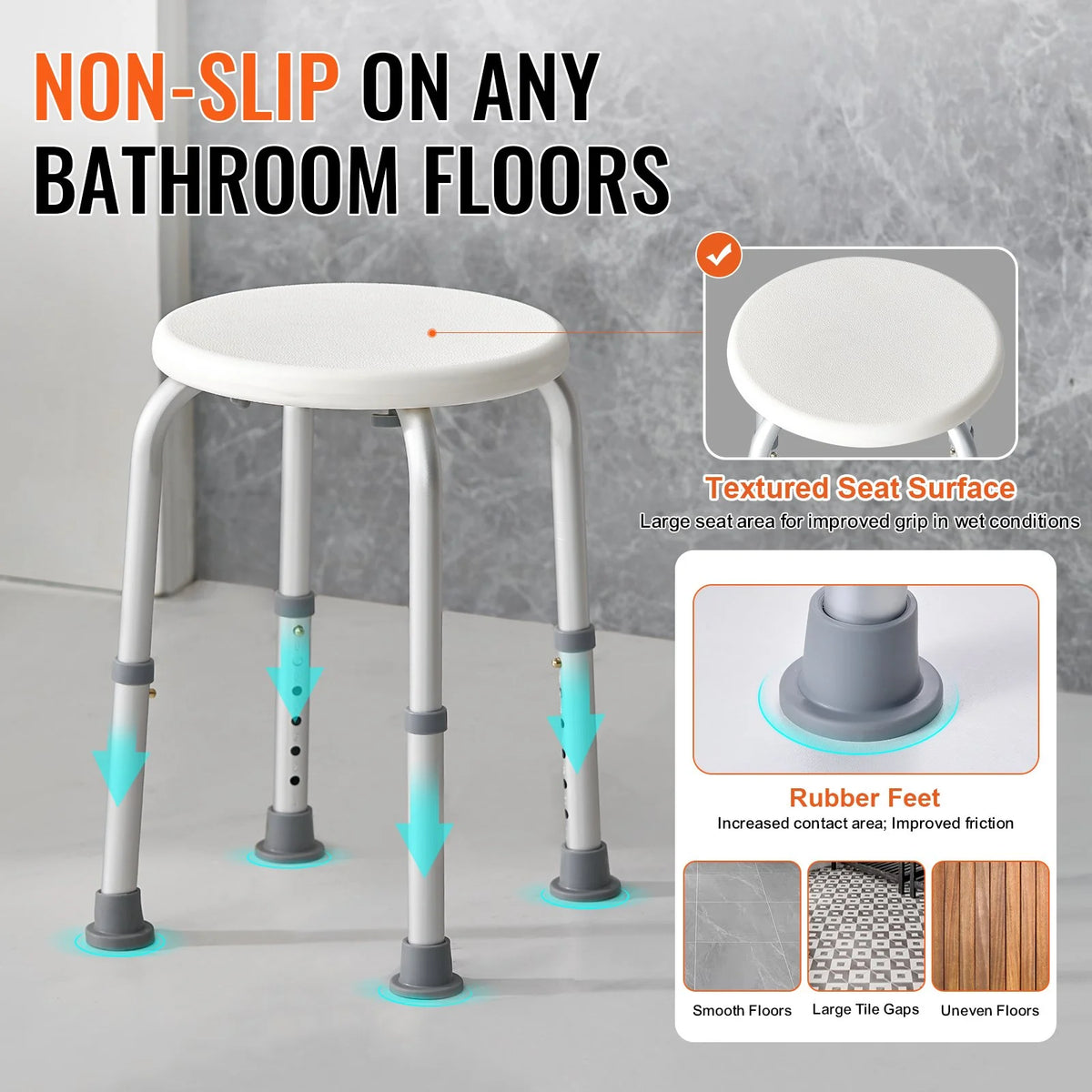 VEVOR Shower Chair for Inside Shower, Adjustable Height Shower Stool, Non-Slip Bench Bathtub Seat Stool for Elderly Disabled Adults Handicap, 300 lbs Capacity - View 3