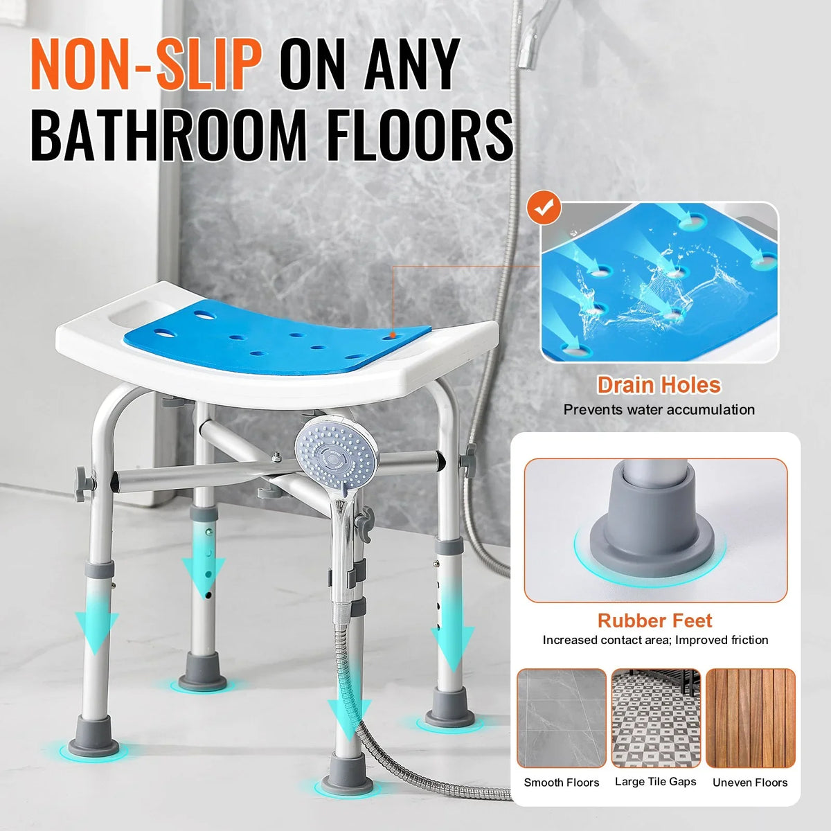 VEVOR Shower Chair for Inside Shower, Adjustable Height Shower Stool with Crossbar Support, Shower Seat for Shower Tub, Non-Slip Bench Bathtub Stool Seat for Elderly Disabled Adults Handicap, 500 lbs - View 3
