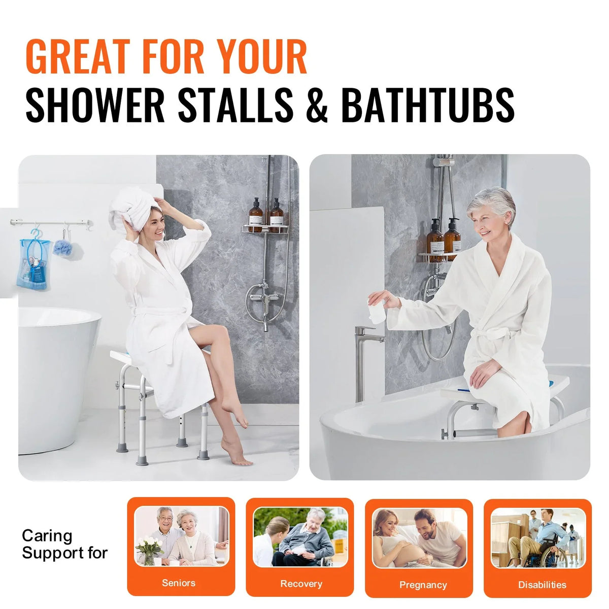 VEVOR Shower Chair for Inside Shower, Adjustable Height Shower Stool with Crossbar Support, Shower Seat for Shower Tub, Non-Slip Bench Bathtub Stool Seat for Elderly Disabled Adults Handicap, 500 lbs - View 5
