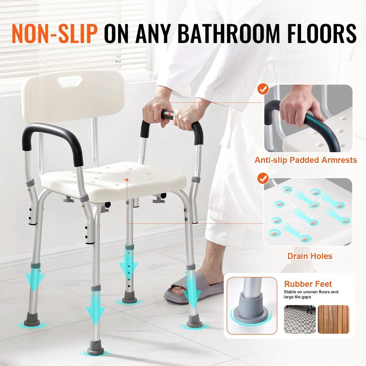 VEVOR Shower Chair, Shower Seat with Back, Adjustable Height Shower Stool, Shower Chair for Inside Shower Bathtub, Non-slip Bathroom Bench Bath Chair for Elderly Disabled Handicap, 350 LBS Capacity - View 2