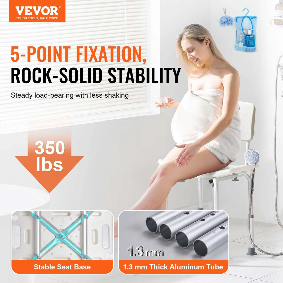 VEVOR Shower Chair, Shower Seat with Back, Adjustable Height Shower Stool, Shower Chair for Inside Shower Bathtub, Non-slip Bathroom Bench Bath Chair for Elderly Disabled Handicap, 350 lbs Capacity - View 2