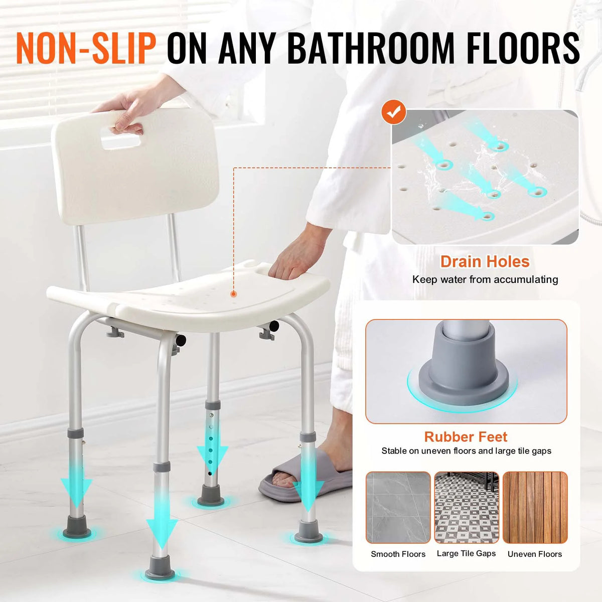 VEVOR Shower Chair, Shower Seat with Back, Adjustable Height Shower Stool, Shower Chair for Inside Shower Bathtub, Non-slip Bathroom Bench Bath Chair for Elderly Disabled Handicap, 350 lbs Capacity - View 3