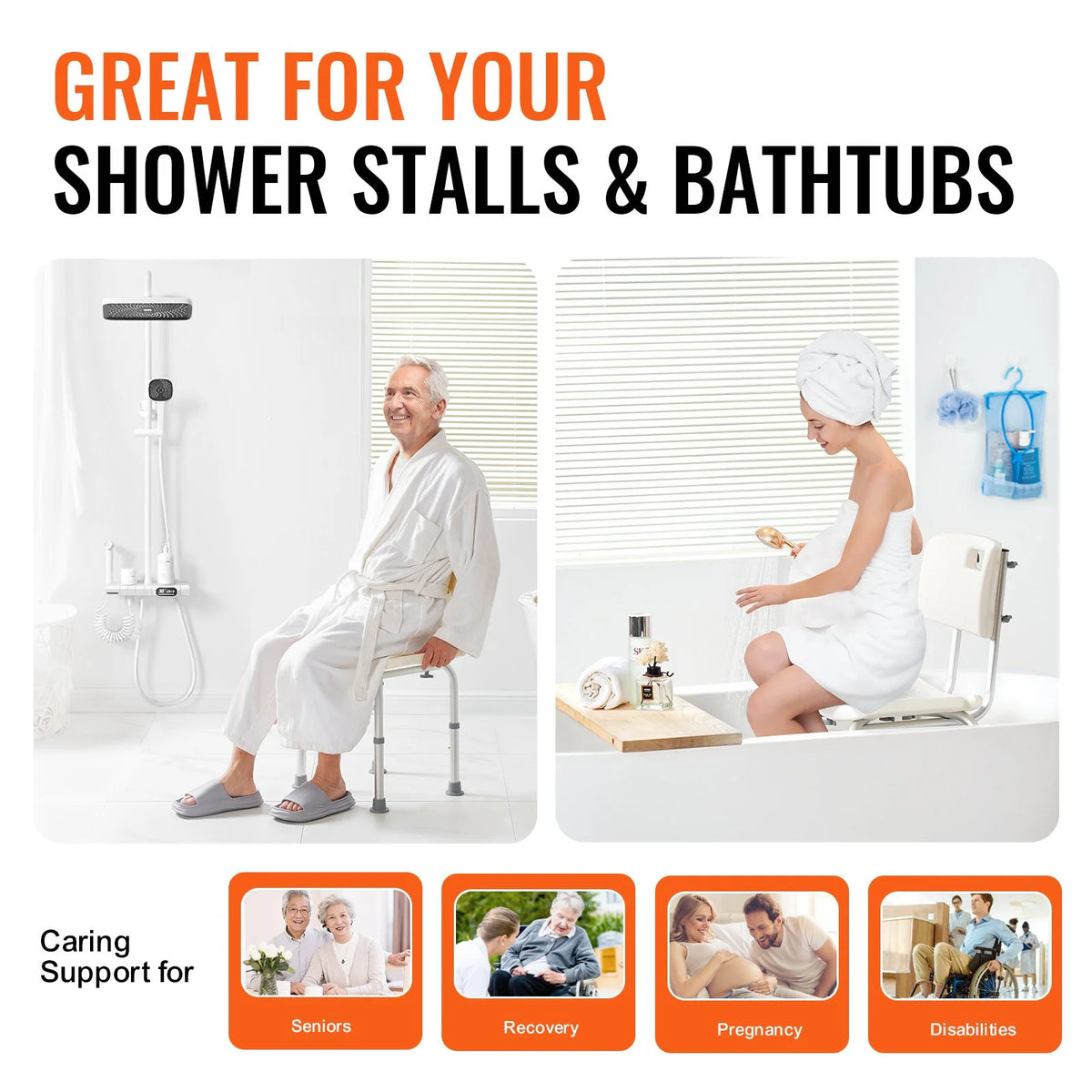 VEVOR Shower Chair, Shower Seat with Back, Adjustable Height Shower Stool, Shower Chair for Inside Shower Bathtub, Non-slip Bathroom Bench Bath Chair for Elderly Disabled Handicap, 350 lbs Capacity - View 5