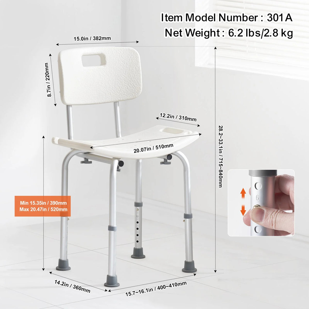 VEVOR Shower Chair, Shower Seat with Back, Adjustable Height Shower Stool, Shower Chair for Inside Shower Bathtub, Non-slip Bathroom Bench Bath Chair for Elderly Disabled Handicap, 350 lbs Capacity - View 6