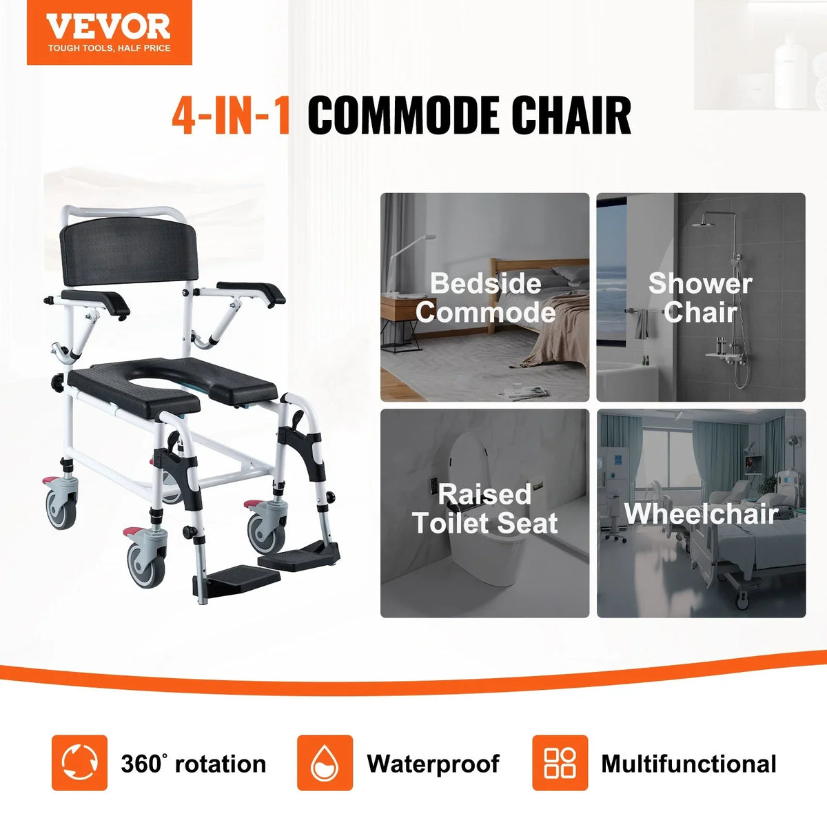 VEVOR Shower Commode Wheelchair with 4 Lockable Wheels, Footrests, Flip-up Arms, 3-Level Adjustable Height, 5L Removable Bucket, 350 LBS Capacity, Commode Chair for Adults Seniors - View 2