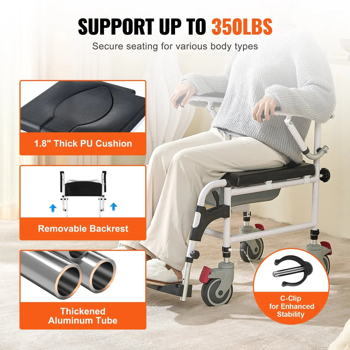 VEVOR Shower Commode Wheelchair with 4 Lockable Wheels, Footrests, Flip-up Arms, 3-Level Adjustable Height, 5L Removable Bucket, 350 LBS Capacity, Commode Chair for Adults Seniors - View 3