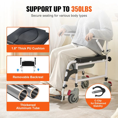 VEVOR Shower Commode Wheelchair with 4 Lockable Wheels, Footrests, Flip-up Arms, 3-Level Adjustable Height, 5L Removable Bucket, 350 LBS Capacity, Commode Chair for Adults Seniors - View 3