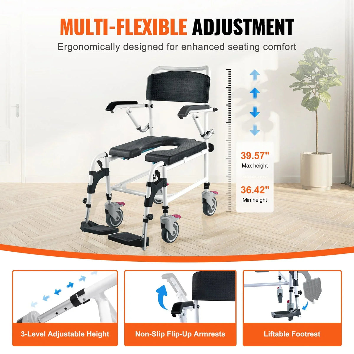 VEVOR Shower Commode Wheelchair with 4 Lockable Wheels, Footrests, Flip-up Arms, 3-Level Adjustable Height, 5L Removable Bucket, 350 LBS Capacity, Commode Chair for Adults Seniors - View 4