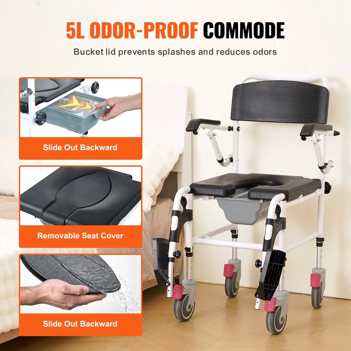 VEVOR Shower Commode Wheelchair with 4 Lockable Wheels, Footrests, Flip-up Arms, 3-Level Adjustable Height, 5L Removable Bucket, 350 LBS Capacity, Commode Chair for Adults Seniors - View 6