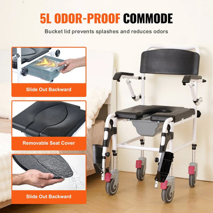 VEVOR Shower Commode Wheelchair with 4 Lockable Wheels, Footrests, Flip-up Arms, 3-Level Adjustable Height, 5L Removable Bucket, 350 LBS Capacity, Commode Chair for Adults Seniors - View 6
