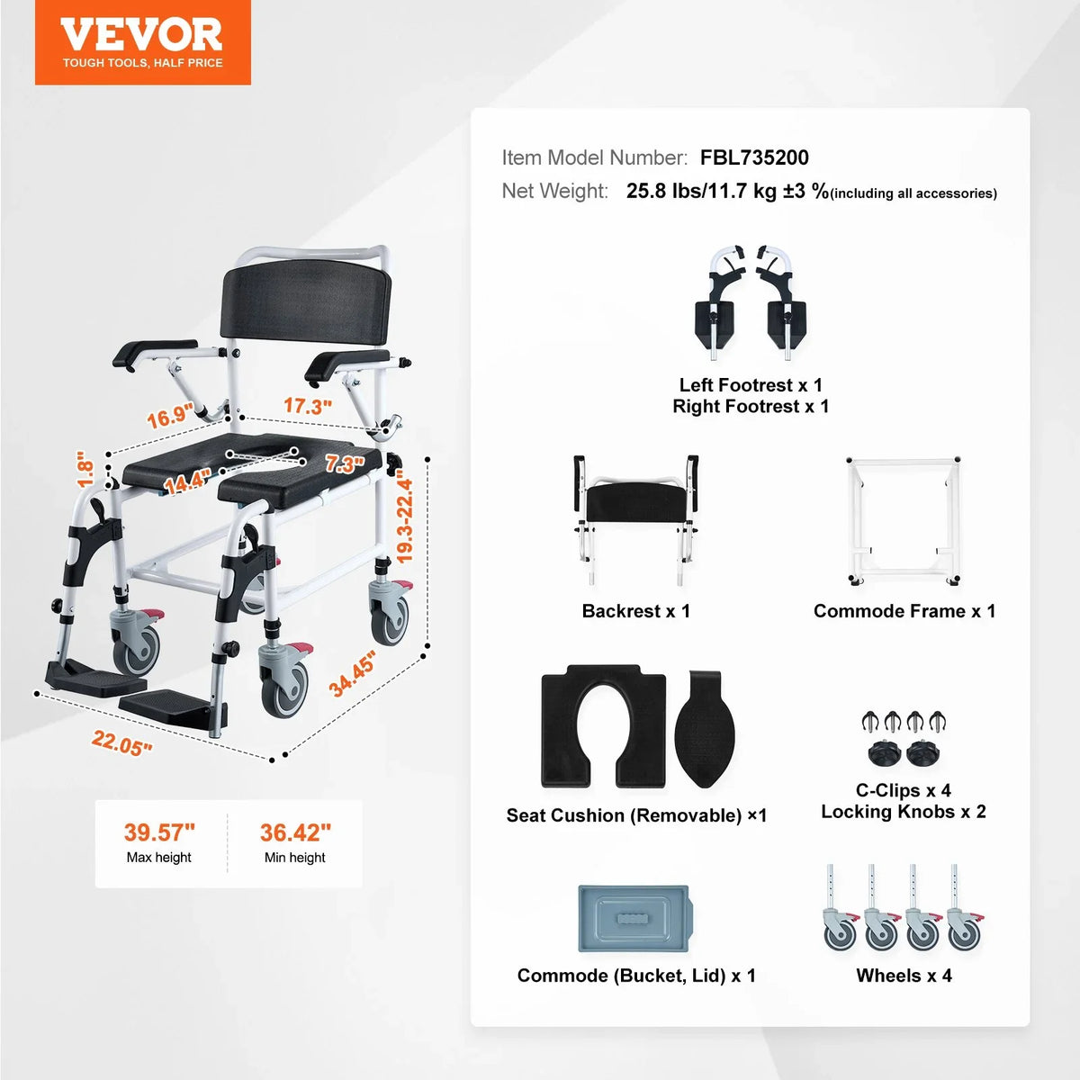 VEVOR Shower Commode Wheelchair with 4 Lockable Wheels, Footrests, Flip-up Arms, 3-Level Adjustable Height, 5L Removable Bucket, 350 LBS Capacity, Commode Chair for Adults Seniors - View 7