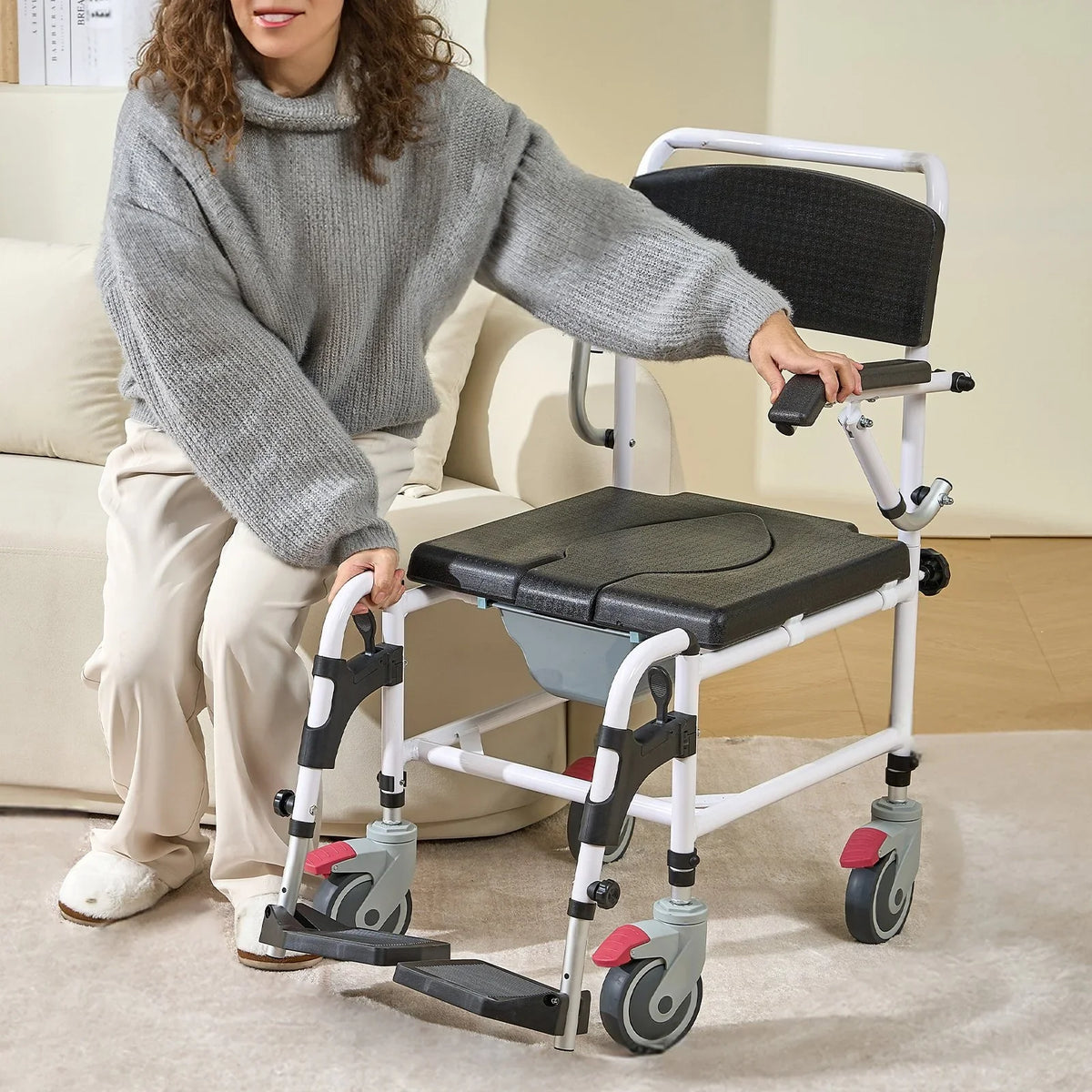 VEVOR Shower Commode Wheelchair with 4 Lockable Wheels, Footrests, Flip-up Arms, 3-Level Adjustable Height, 5L Removable Bucket, 350 LBS Capacity, Commode Chair for Adults Seniors - View 8