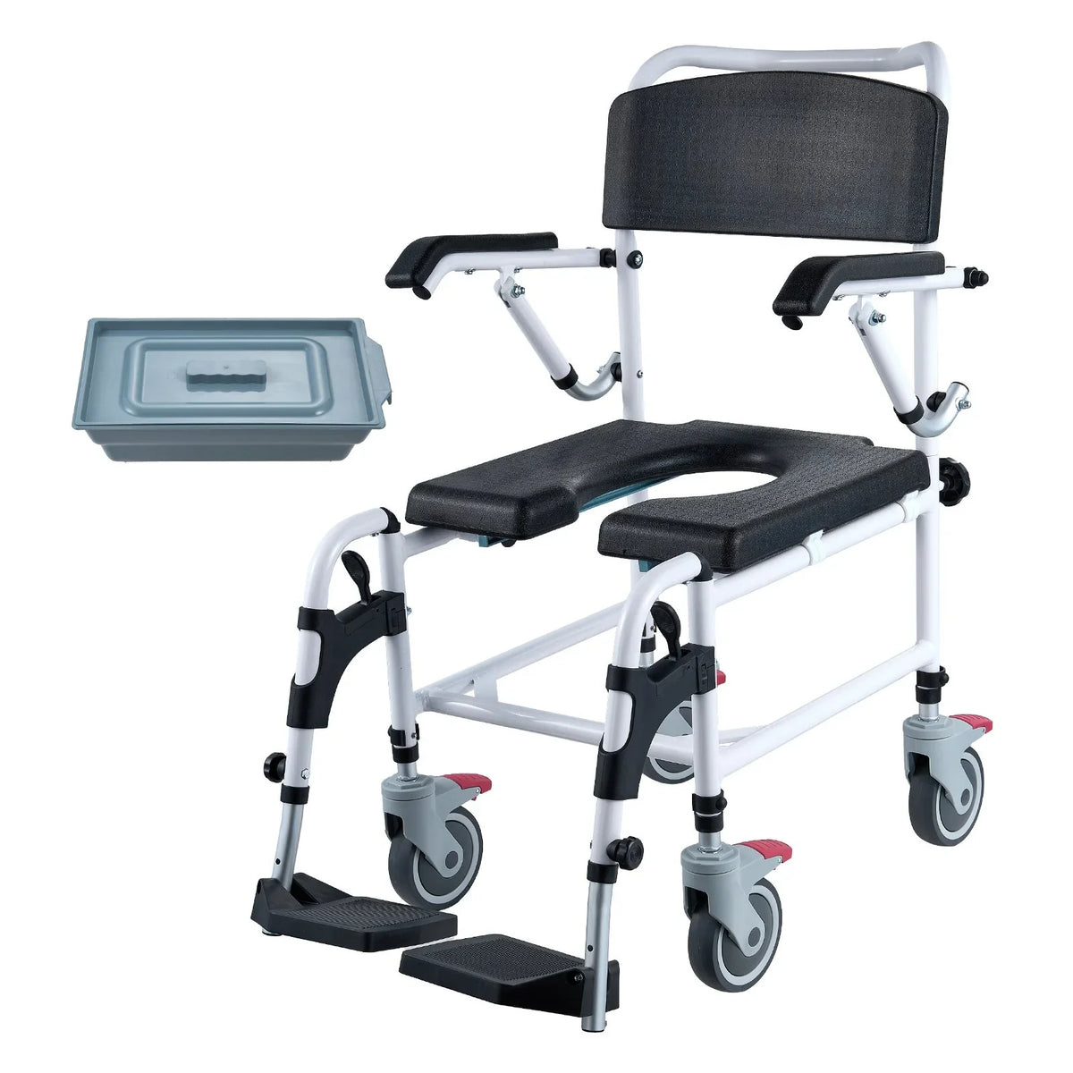 VEVOR Shower Commode Wheelchair with 4 Lockable Wheels, Footrests, Flip-up Arms, 3-Level Adjustable Height, 5L Removable Bucket, 350 LBS Capacity, Commode Chair for Adults Seniors - View 9