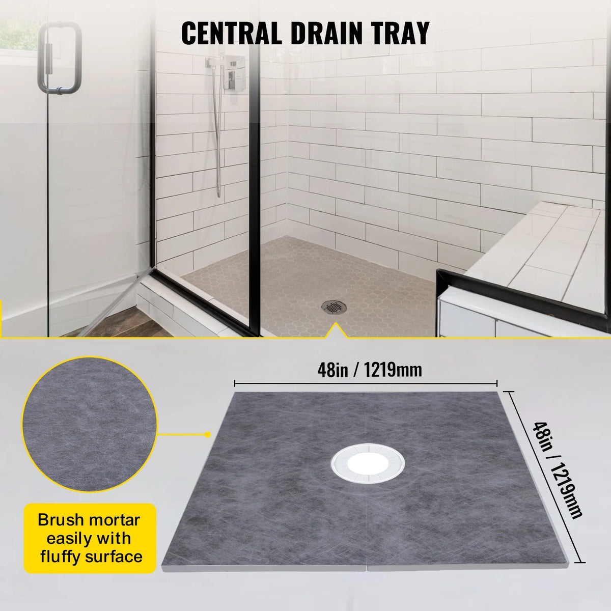 VEVOR Shower Curb Kit, 48"x48" Watertight Shower Curb Overlay with 4" ABS Central Bonding Flange, 4" Stainless Steel Grate, 2 Cuttable Shower Curb and Trowel, Shower Pan Slope Sticks Fit for Bathr