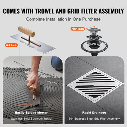 VEVOR Shower Curb Kit, 60"x48" Shower Pan Kit with 2" ABS Central Flange, Waterproof Membrane, Stainless Steel Grate, Shower Pan Slope Sticks Fit for Bathroom - View 2