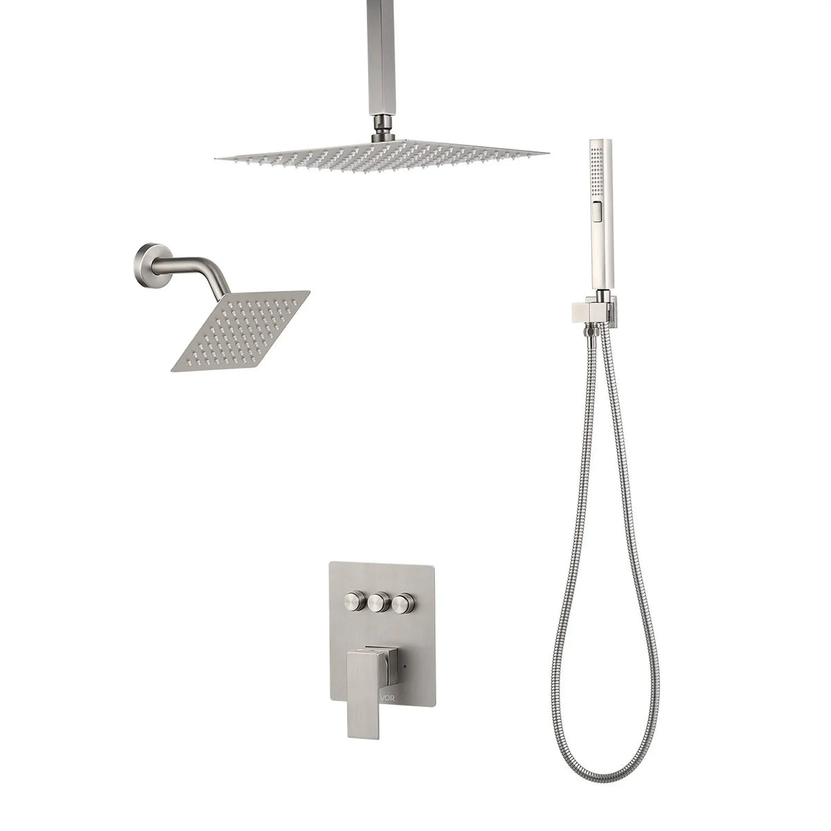 VEVOR Shower Faucet Set, 10 Inch Ceiling Mount Rainfall Shower System with 6 Inch Wall Mount Head and 2 in 1 Handheld Spray, Rotatable 3-Function Dual Rain Head Brass Valve & Trim Kit, Brushed Nickel - View 10