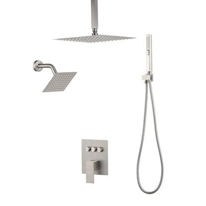 VEVOR Shower Faucet Set, 10 Inch Ceiling Mount Rainfall Shower System with 6 Inch Wall Mount Head and 2 in 1 Handheld Spray, Rotatable 3-Function Dual Rain Head Brass Valve & Trim Kit, Brushed Nickel - View 10