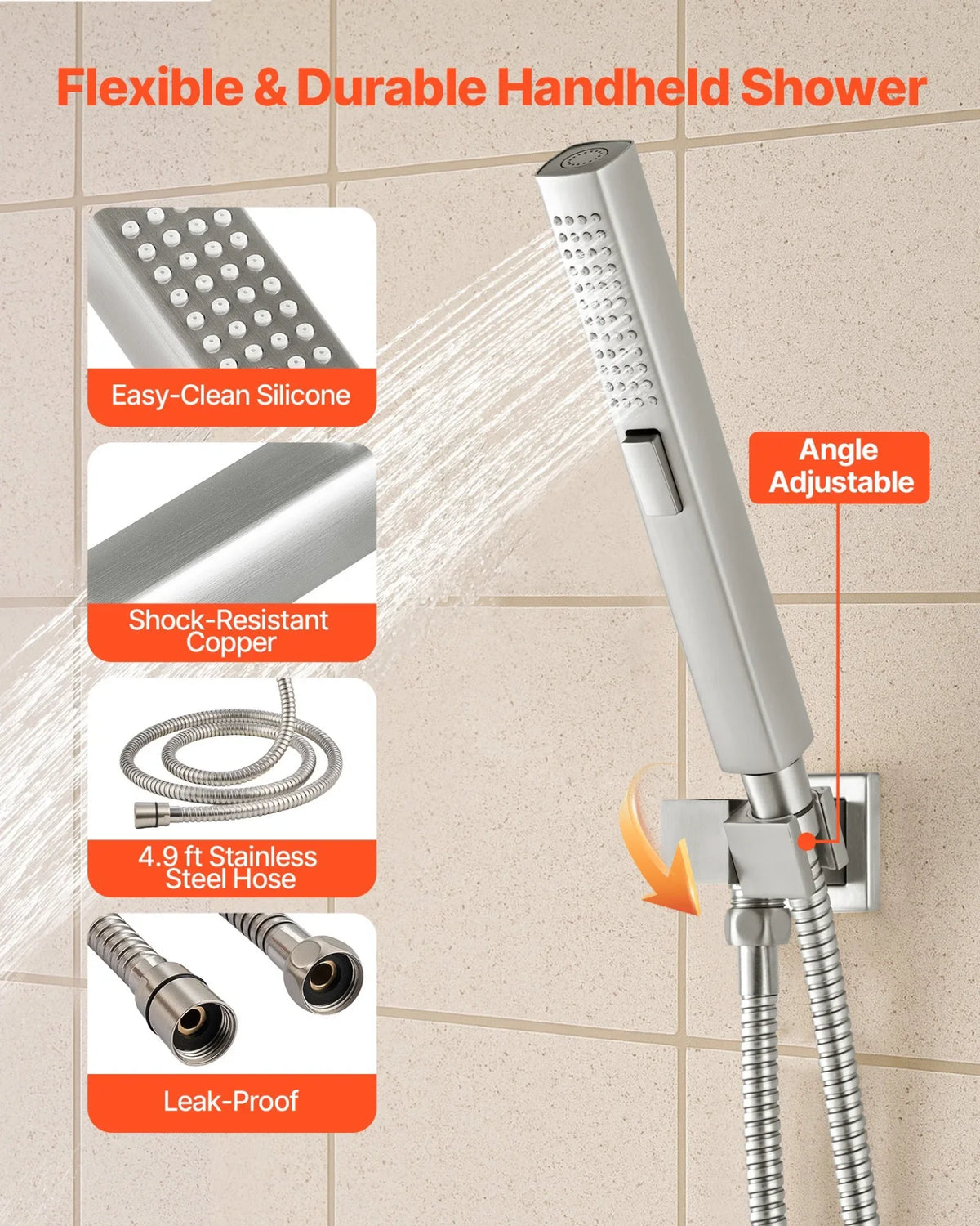 VEVOR Shower Faucet Set, 10 Inch Ceiling Mount Rainfall Shower System with 6 Inch Wall Mount Head and 2 in 1 Handheld Spray, Rotatable 3-Function Dual Rain Head Brass Valve & Trim Kit, Brushed Nickel - View 5