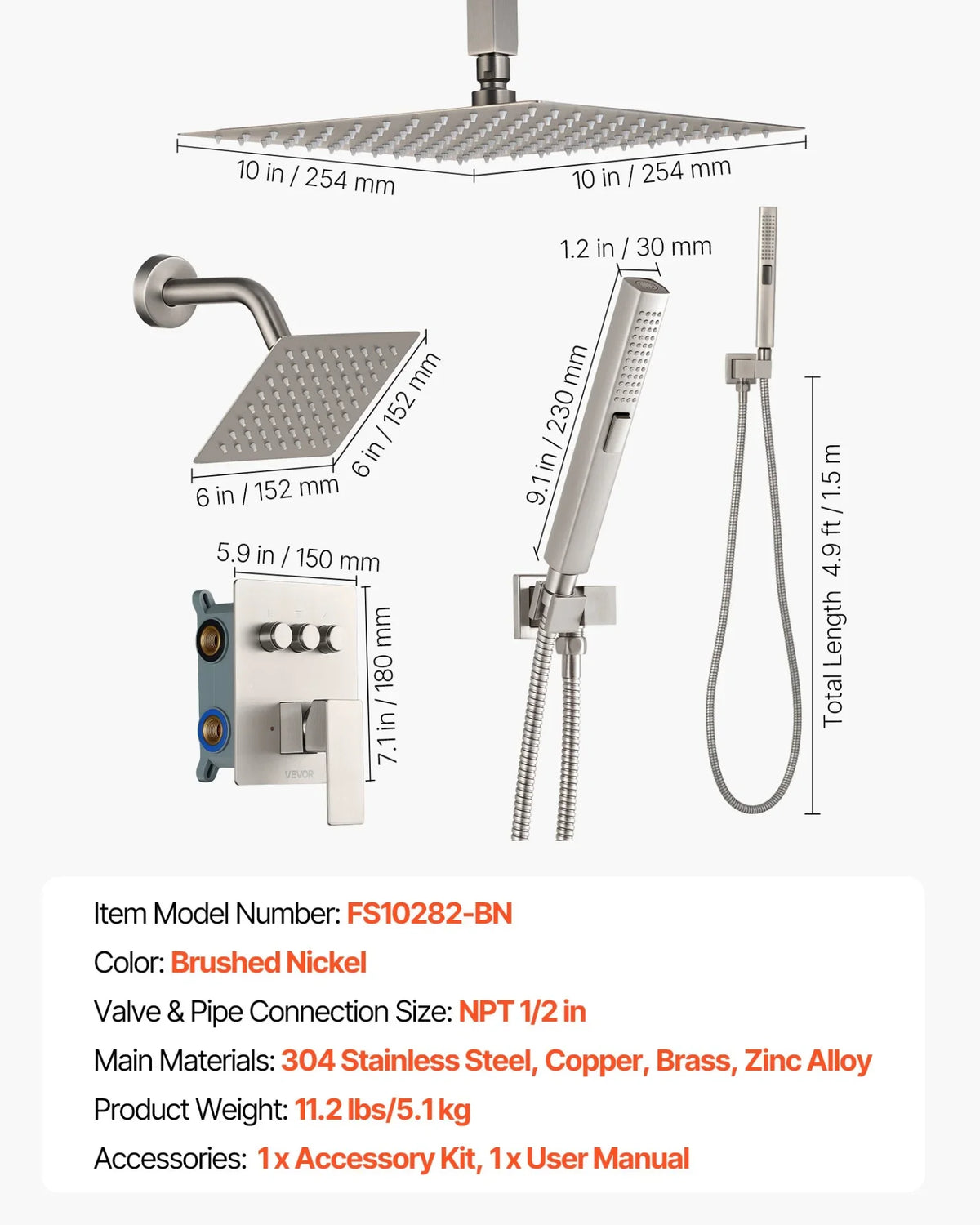 VEVOR Shower Faucet Set, 10 Inch Ceiling Mount Rainfall Shower System with 6 Inch Wall Mount Head and 2 in 1 Handheld Spray, Rotatable 3-Function Dual Rain Head Brass Valve & Trim Kit, Brushed Nickel - View 6