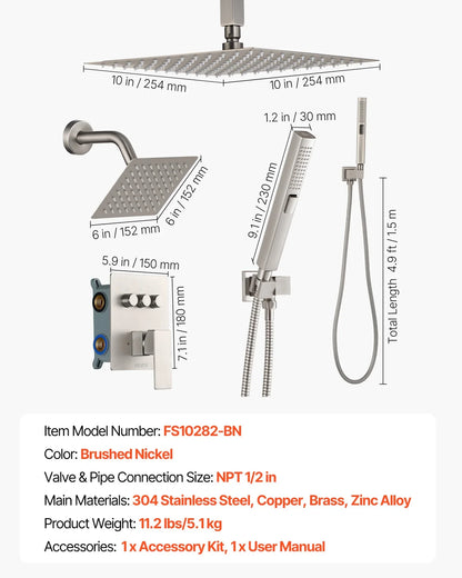 VEVOR Shower Faucet Set, 10 Inch Ceiling Mount Rainfall Shower System with 6 Inch Wall Mount Head and 2 in 1 Handheld Spray, Rotatable 3-Function Dual Rain Head Brass Valve & Trim Kit, Brushed Nickel - View 6